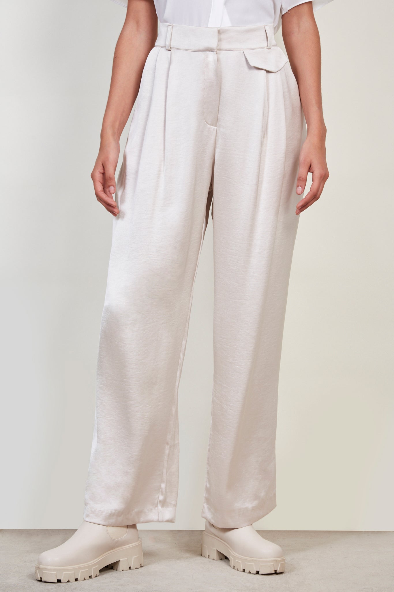 flap pocket satin wide leg trousers