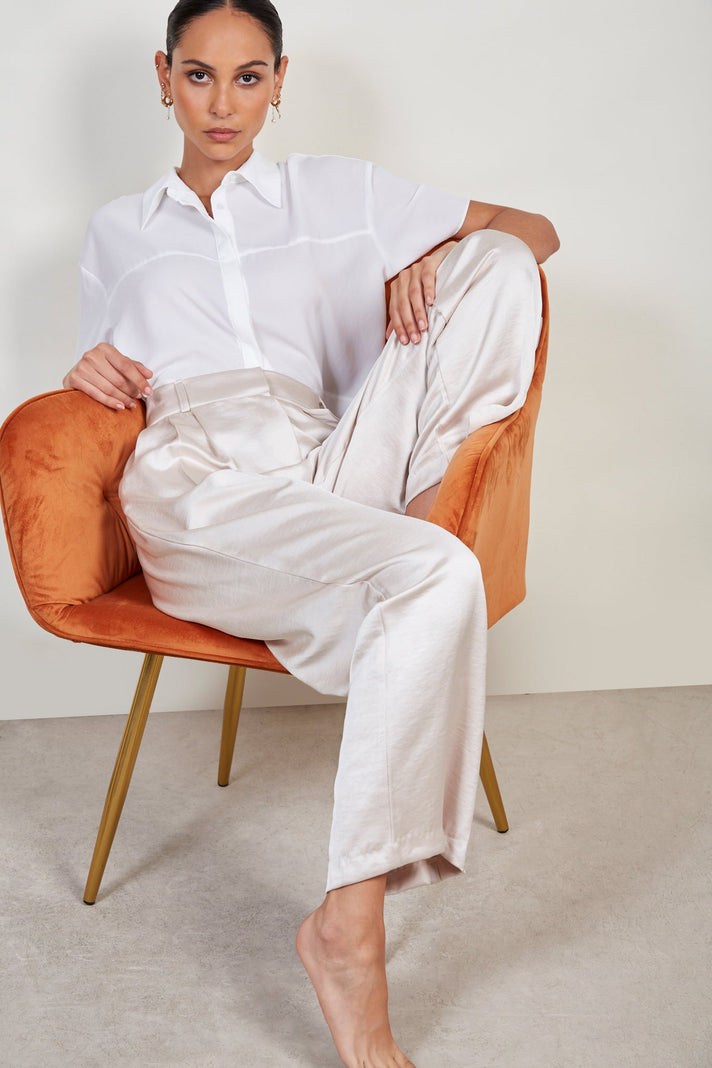 Cream flap pocket satin wide leg trousers_5