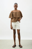 Dark beige contrast stitch raw hem blouse_5