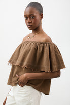 Dark beige contrast stitch raw hem blouse_2
