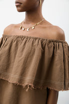 Dark beige contrast stitch raw hem blouse_4