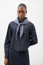 Dark blue denim checked cuff shirt with checked scarf_2