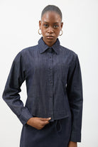 Dark blue denim checked cuff shirt with checked scarf_1