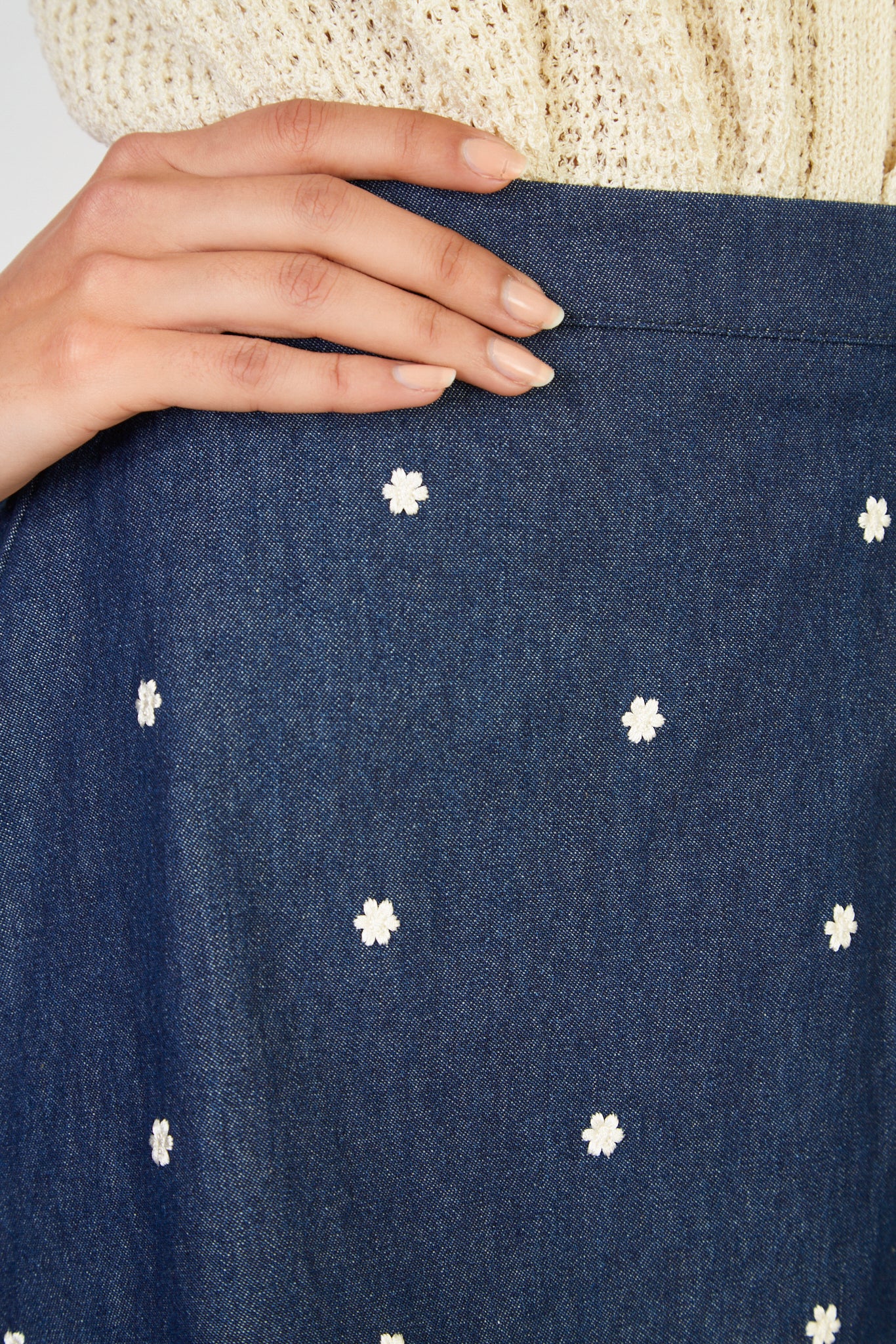 Dark blue denim embroidered floral mini skirt