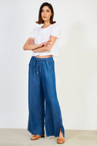 Dark blue denim frayed hem wide leg trousers_5