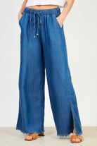 Dark blue denim frayed hem wide leg trousers_1