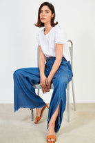 Dark blue denim frayed hem wide leg trousers_4