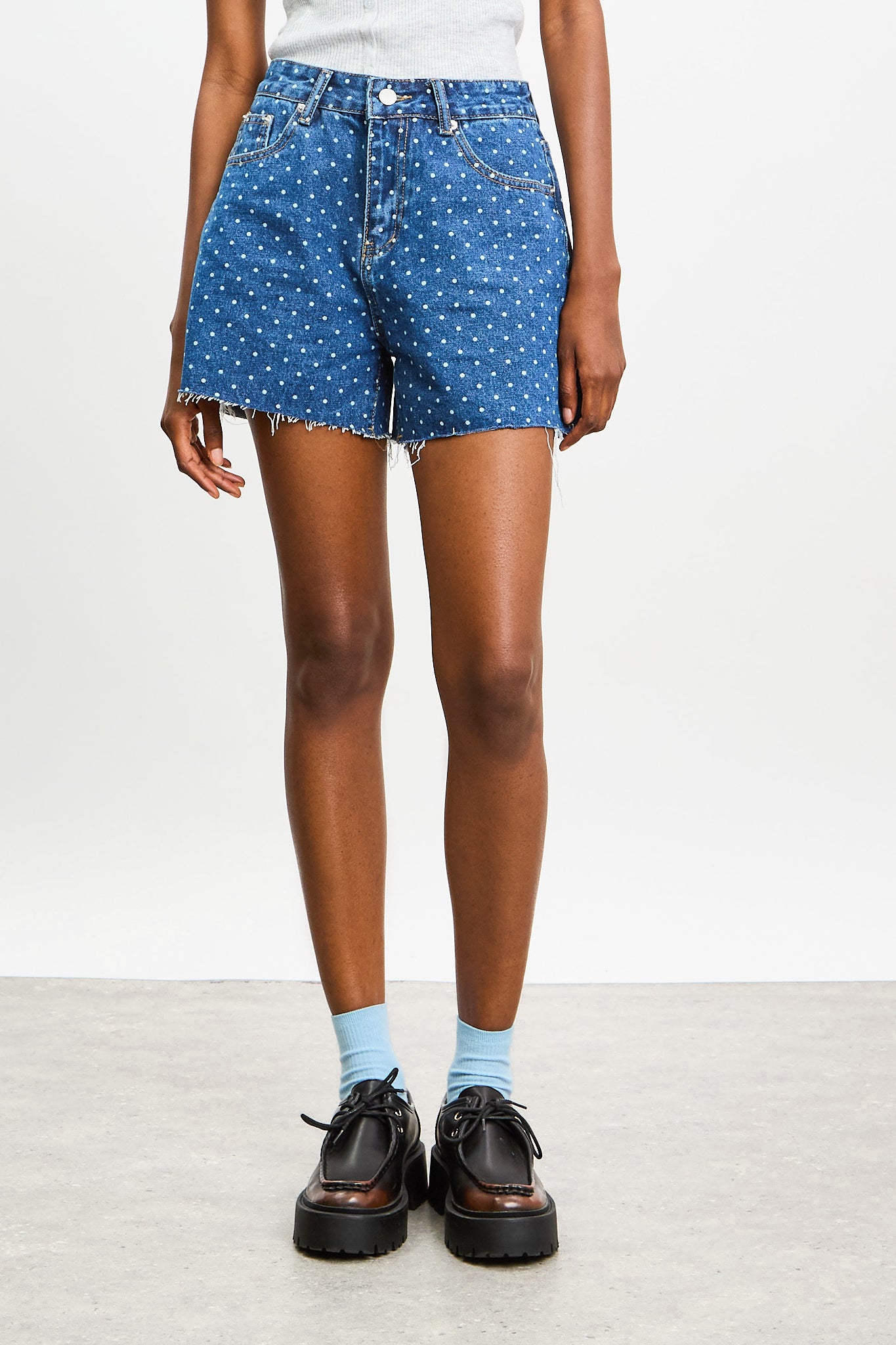 Dark blue denim polka dot shorts_1