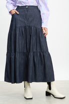 Dark blue denim tiered midi skirt_1