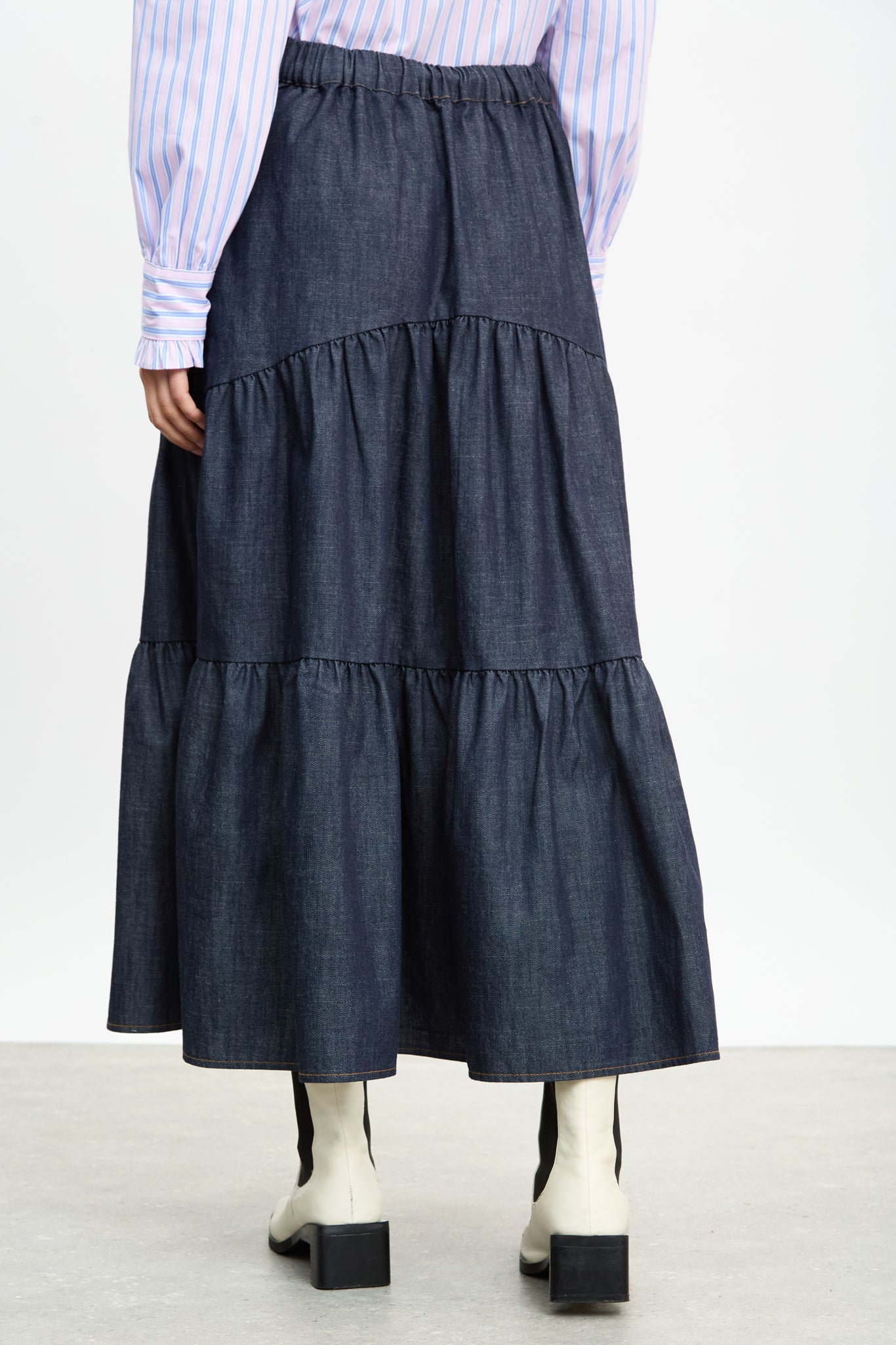 Dark blue denim tiered midi skirt_2