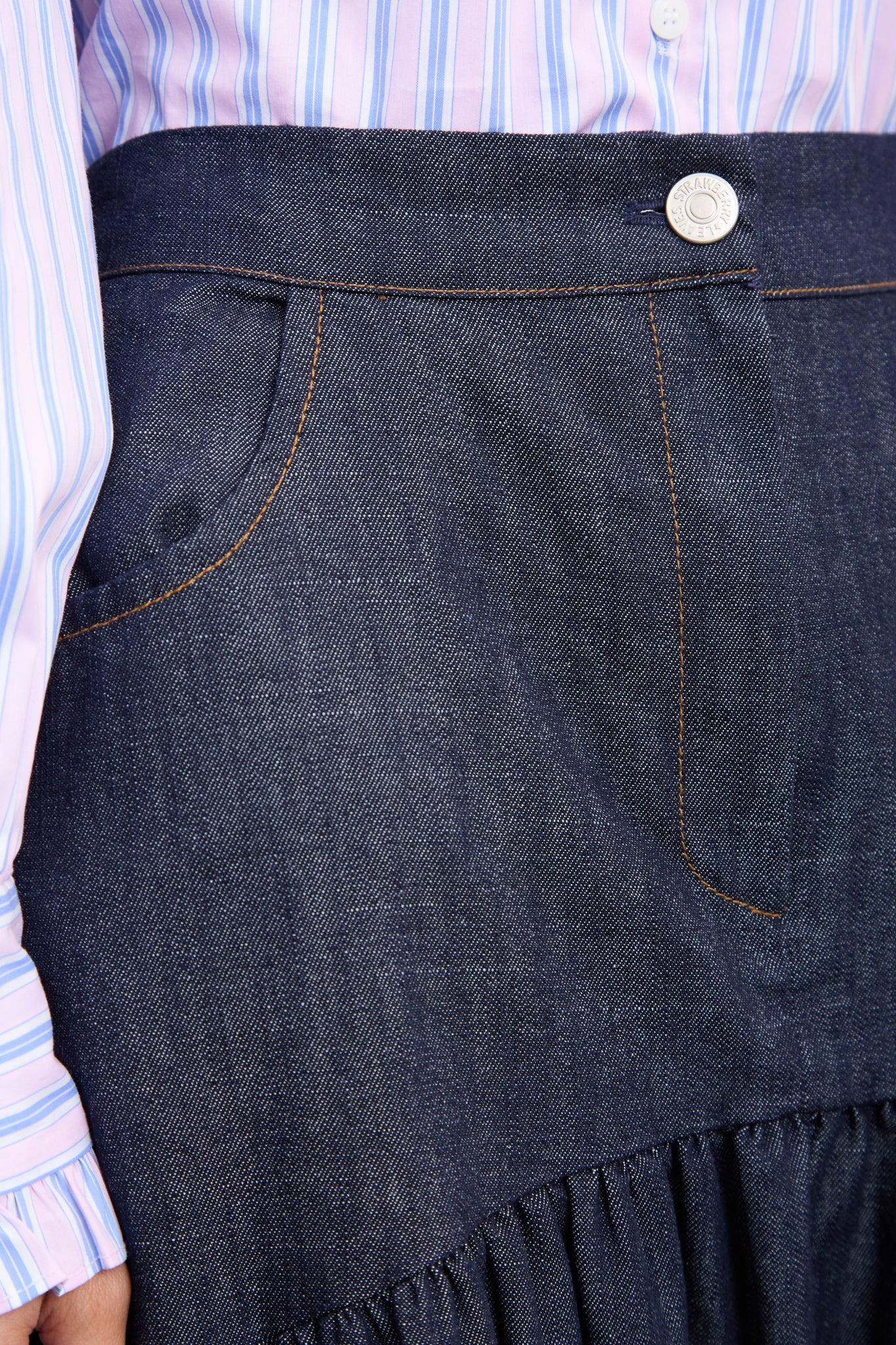 Dark blue denim tiered midi skirt_3