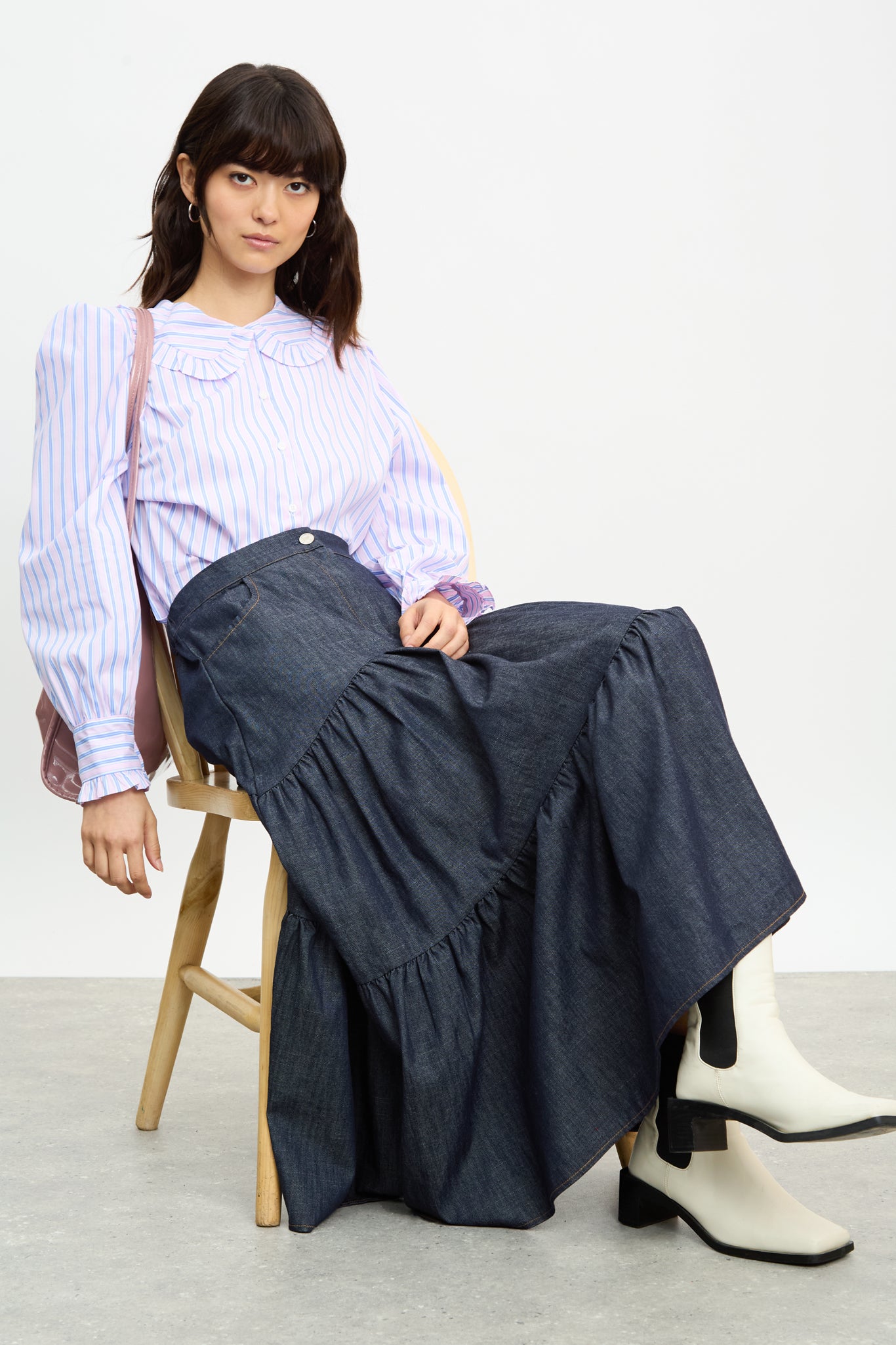 Dark blue denim tiered midi skirt | Glassworks London