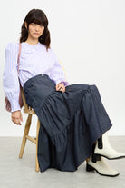 Dark blue denim tiered midi skirt_5