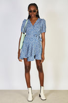 Dark blue floral print short sleeved wrap dress_1