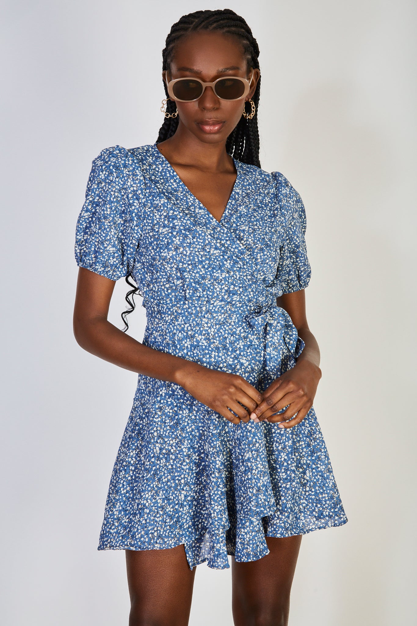 Dark blue floral print short sleeved wrap dress_2
