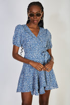 Dark blue floral print short sleeved wrap dress_2