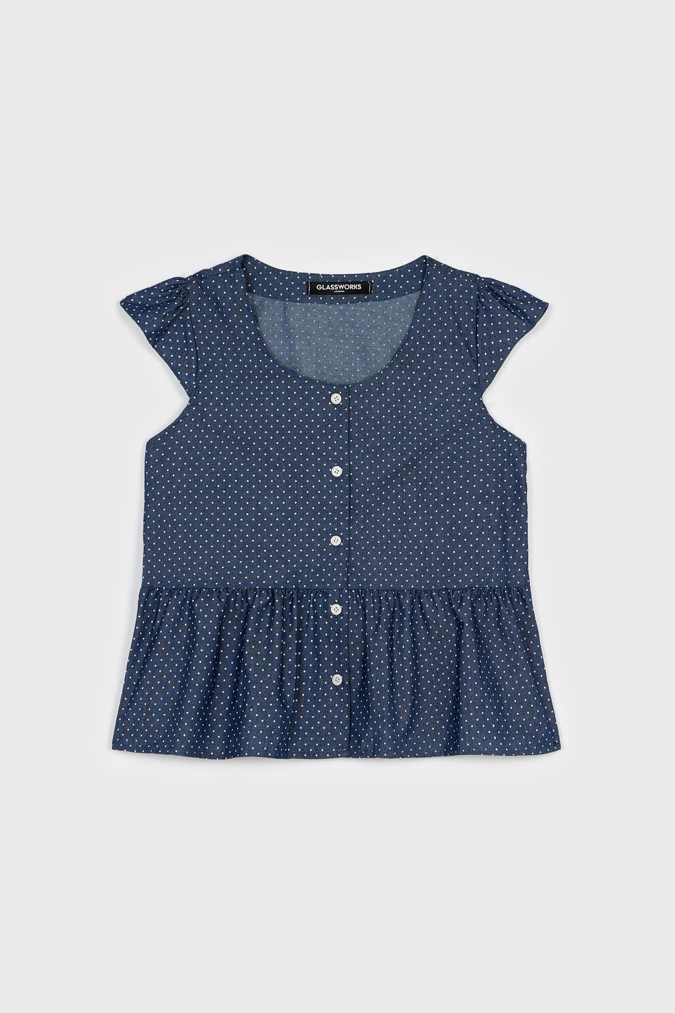 Dark blue polka dot chambray denim cap sleeve shirt_1