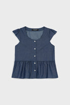 Dark blue polka dot chambray denim cap sleeve shirt_1