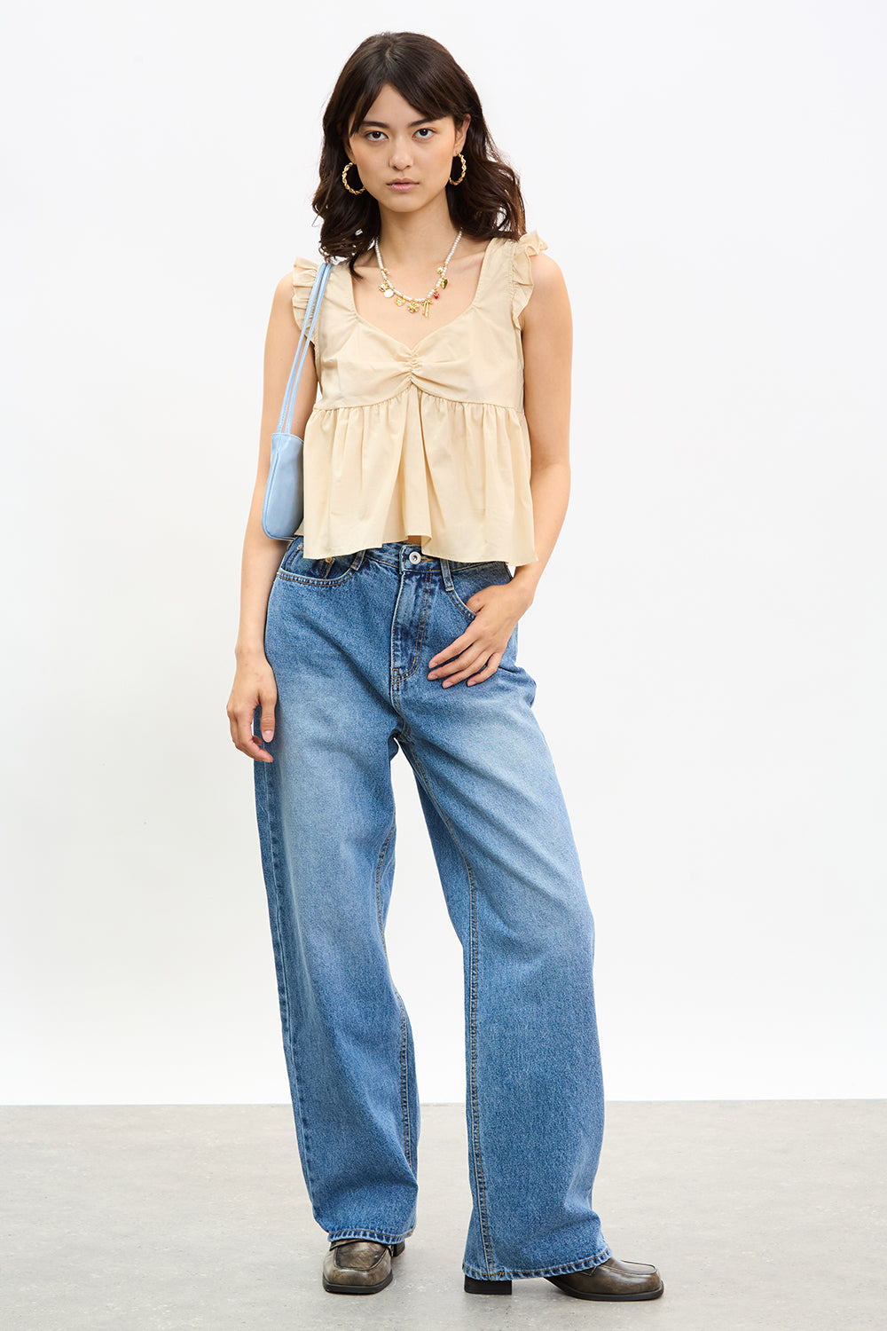 Dark blue washed wide leg jeans_4