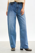 Dark blue washed wide leg jeans_1