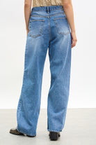 Dark blue washed wide leg jeans_2