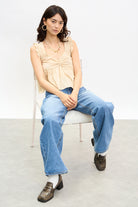 Dark blue washed wide leg jeans_5