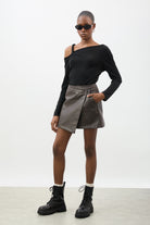 Dark brown vegan leather asymmetric wrap mini skirt_4