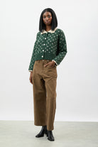 Dark green scalloped collar intarsia cross cardigan_4