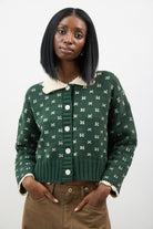 Dark green scalloped collar intarsia cross cardigan_1