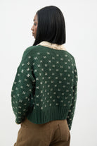 Dark green scalloped collar intarsia cross cardigan_2