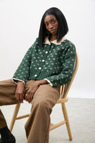 Dark green scalloped collar intarsia cross cardigan_5