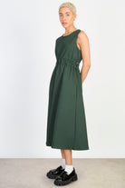 Dark green textured grid cinch waist shift dress_2