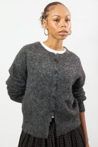 Dark grey fuzzy wool blend round neck cardigan_1