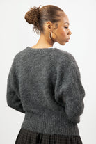 Dark grey fuzzy wool blend round neck cardigan_2