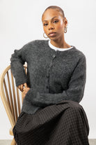 Dark grey fuzzy wool blend round neck cardigan_5