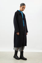 Dark navy pure wool large collar belted coat_2