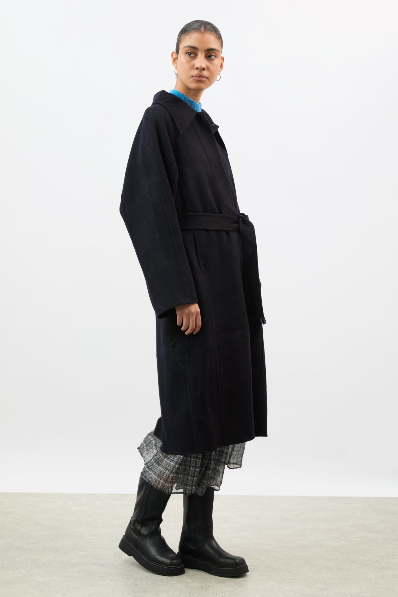Dark navy pure wool large collar belted coat_1