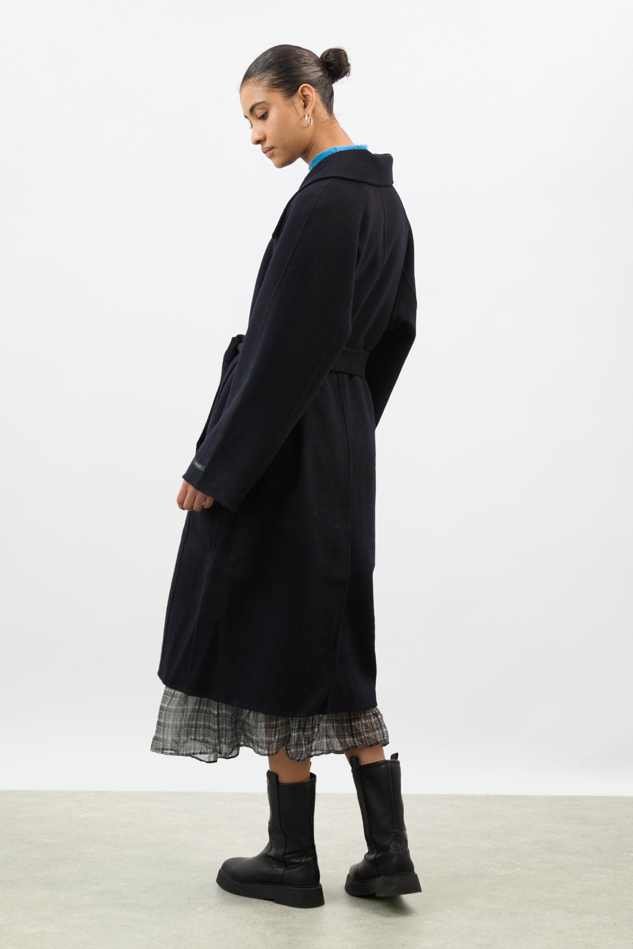 Dark navy pure wool large collar belted coat_3