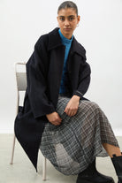 Dark navy pure wool large collar belted coat_7