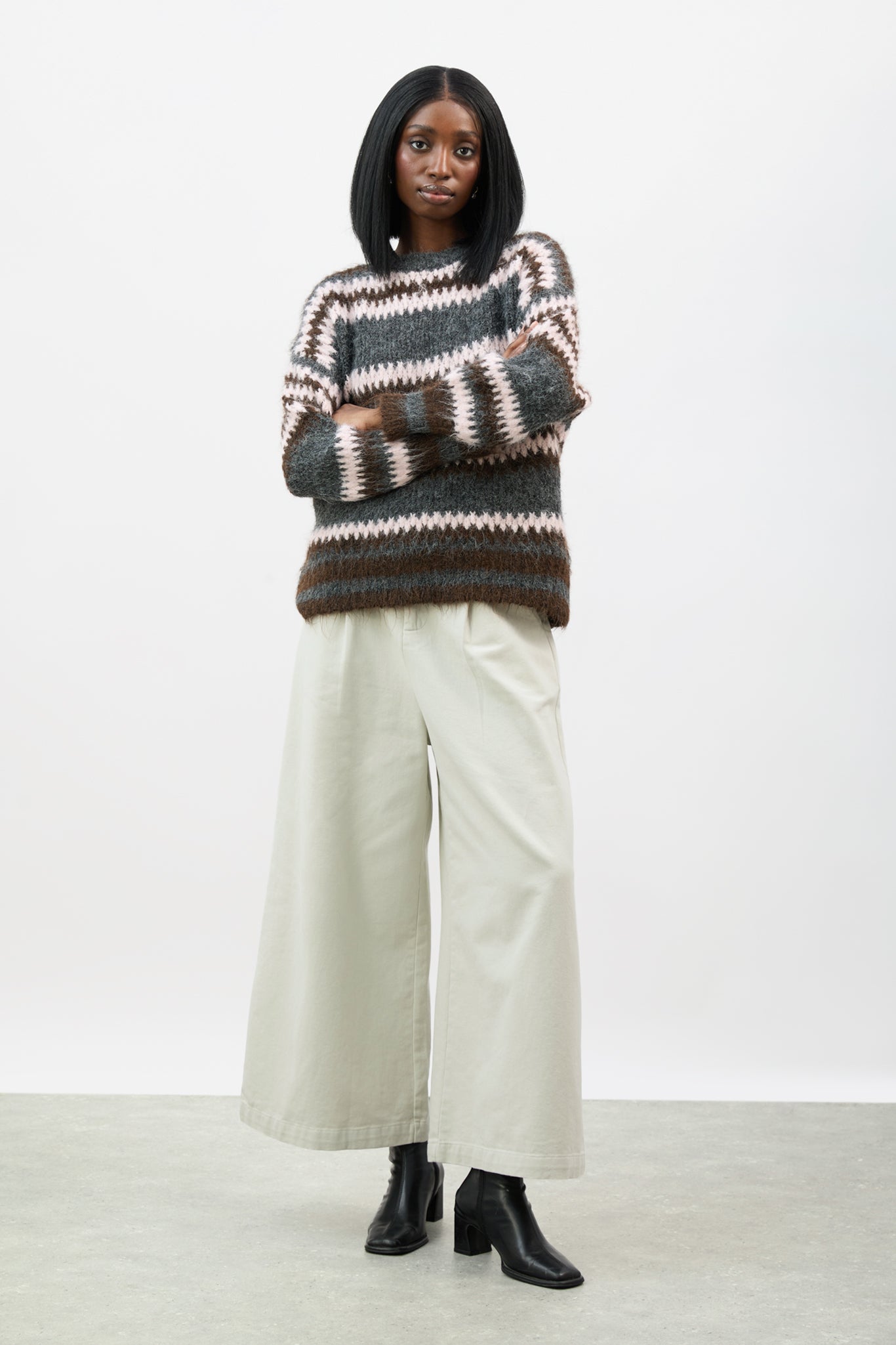 Pink grey and brown wool blend fuzzy striped jumper_4