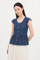 Dark blue polka dot chambray denim cap sleeve shirt_2