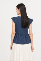 Dark blue polka dot chambray denim cap sleeve shirt_3