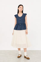 Dark blue polka dot chambray denim cap sleeve shirt_5