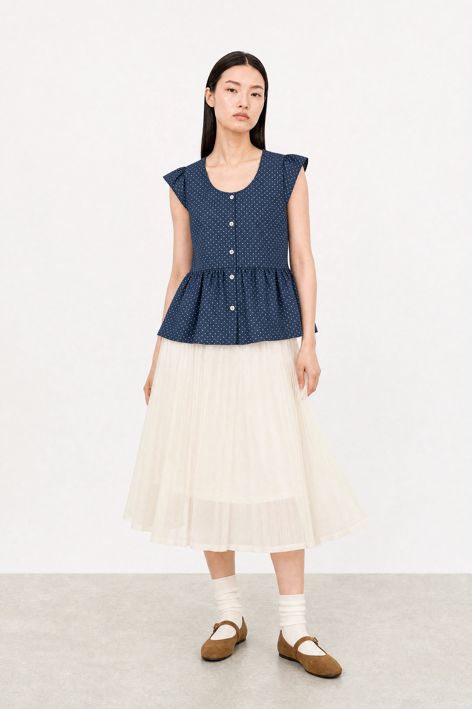 Dark blue polka dot chambray denim cap sleeve shirt_5
