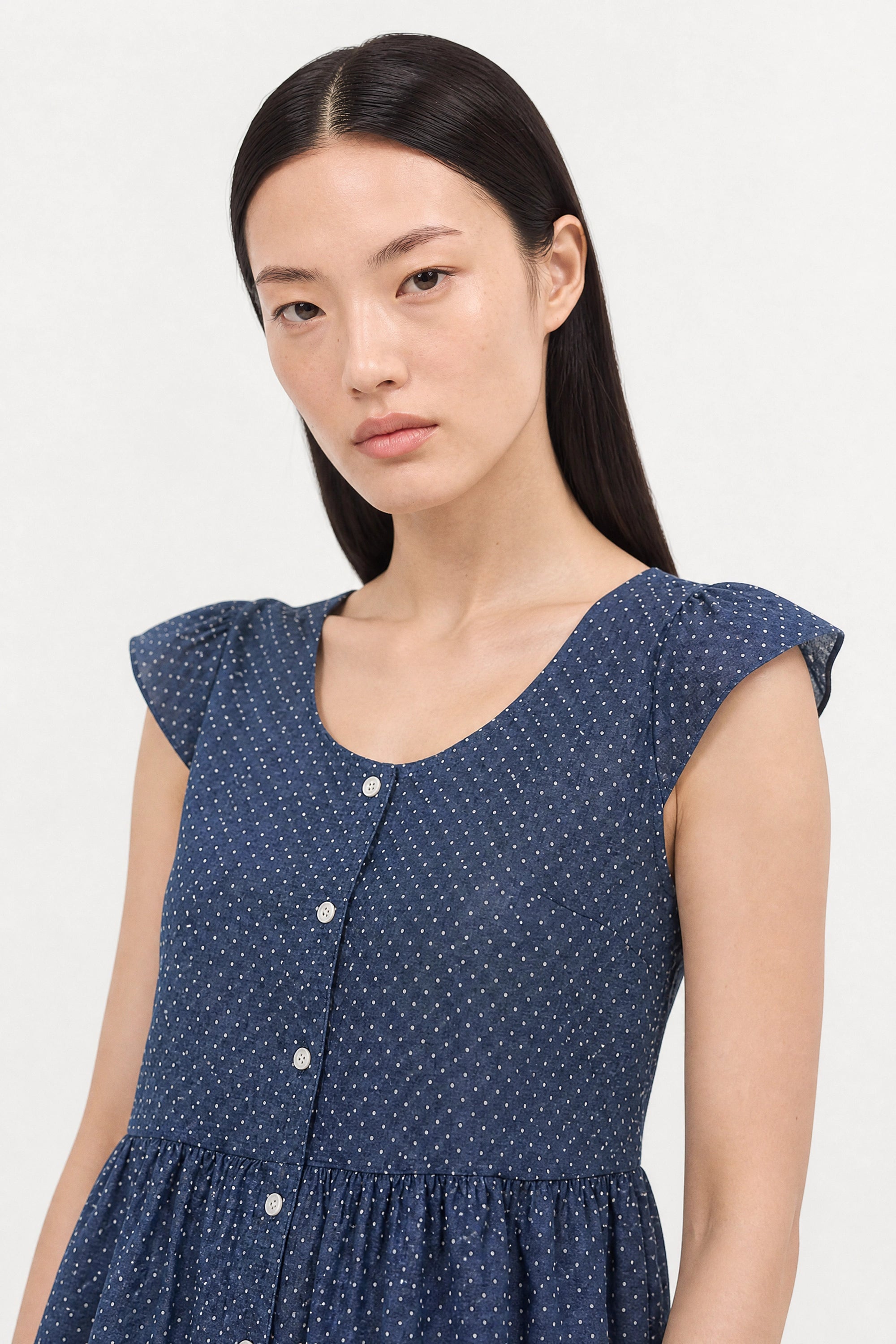 Dark blue polka dot chambray denim cap sleeve shirt_4