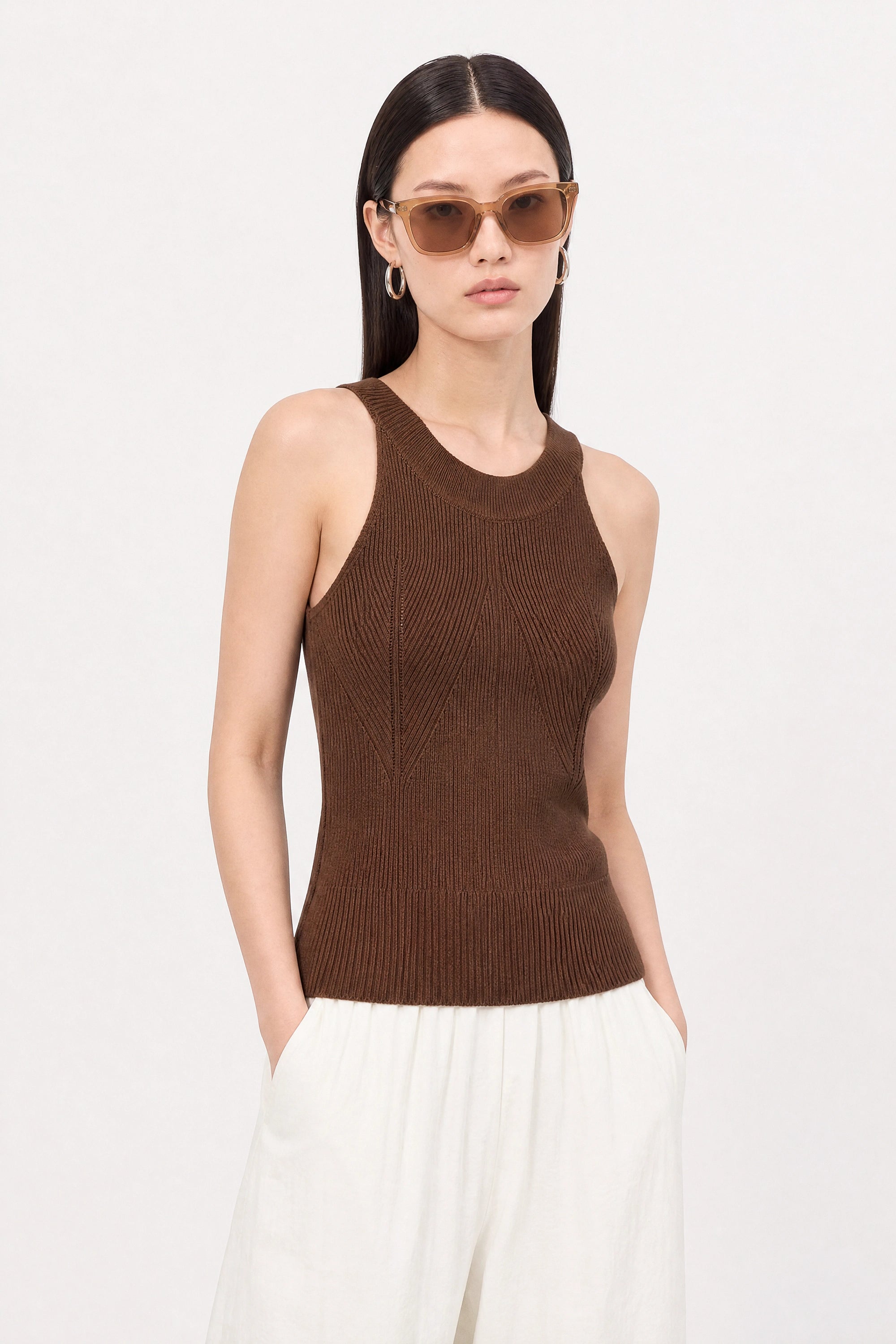 Dark brown thin ribbed halter neck knit tank_2