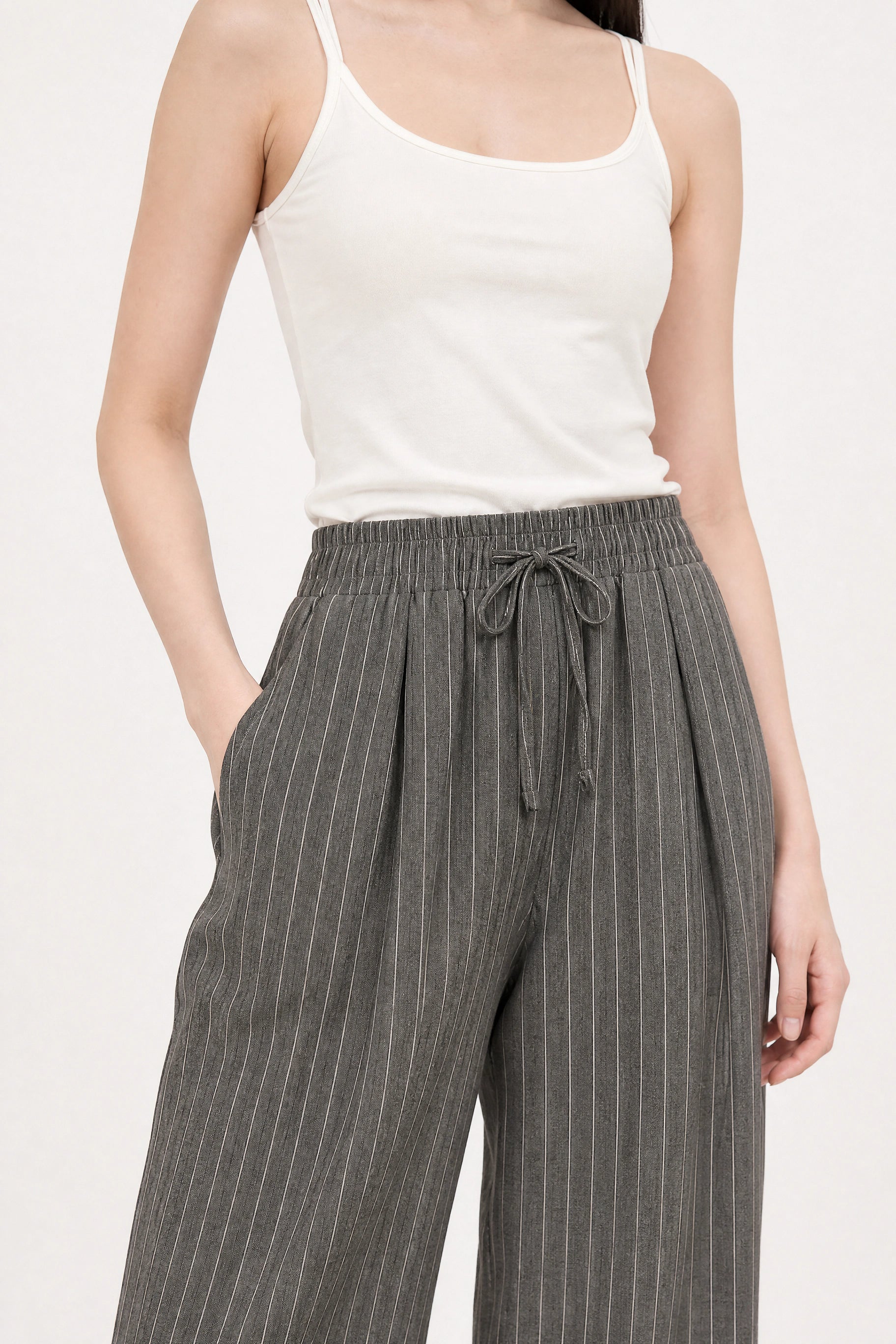 Dark grey and white pinstripe drawstring trousers_4