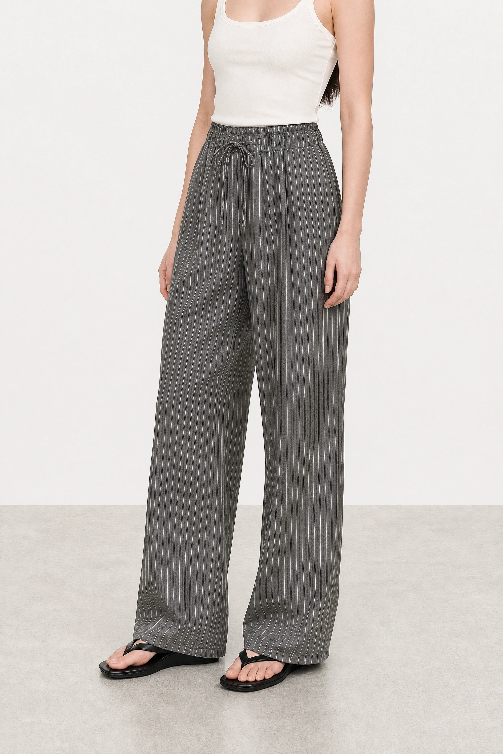 Dark grey and white pinstripe drawstring trousers_2