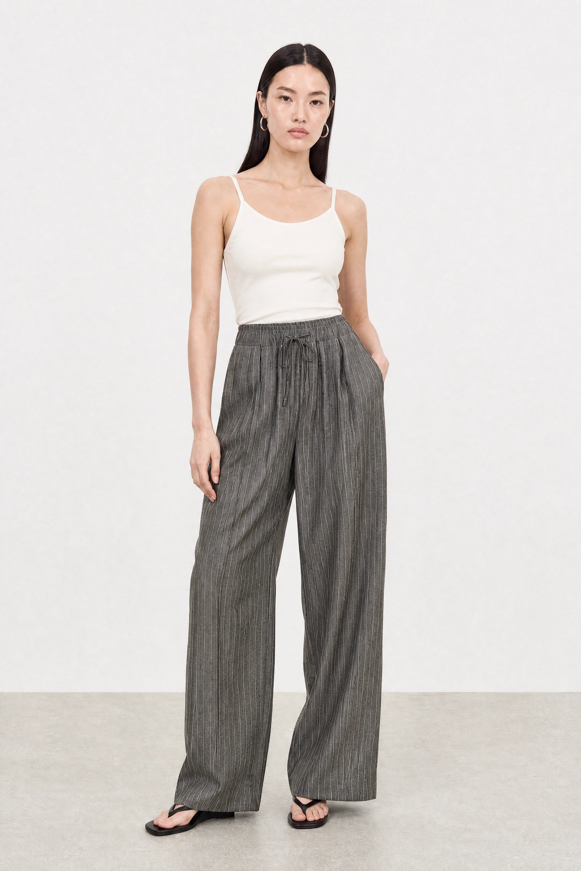 Dark grey and white pinstripe drawstring trousers_5