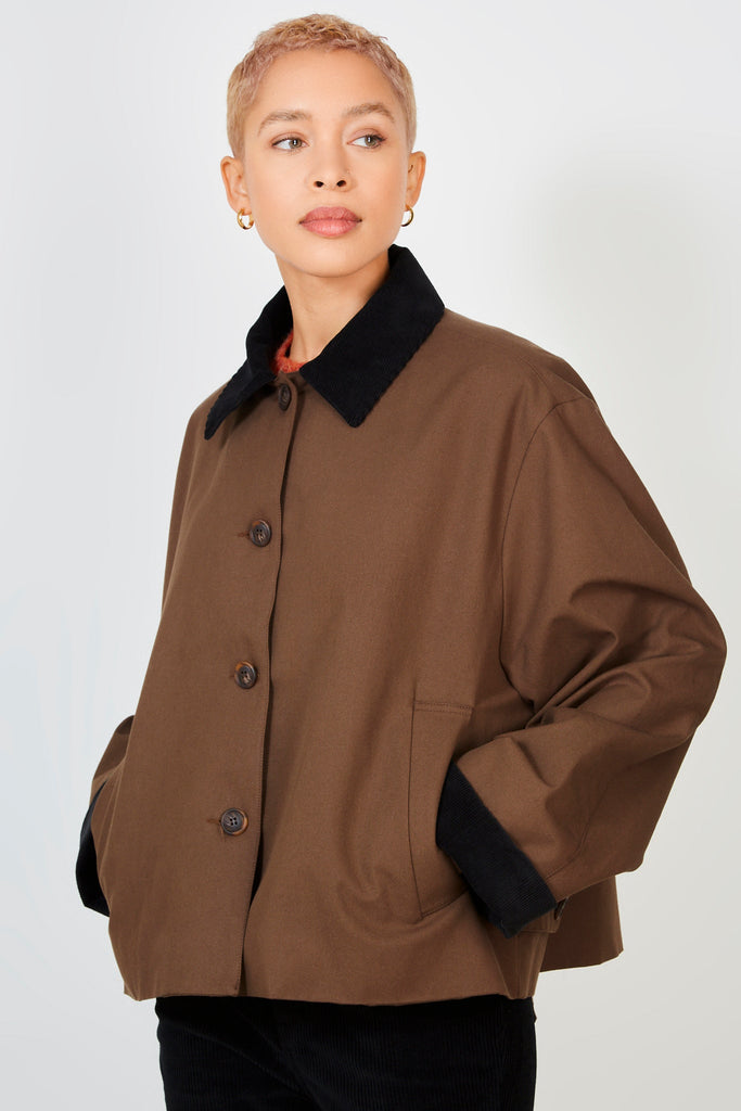 Dark brown and black corduroy collar jacket_1